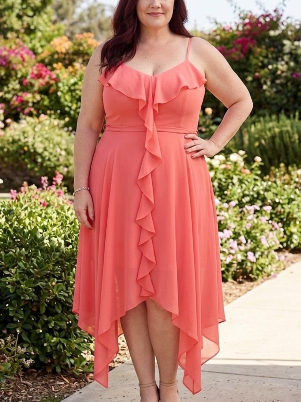 Coquette Feminine Coral Pink Ruffle Asymmetric Midi Dress 16 Cocktail Wedding